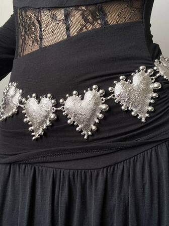 1pc Retro Exaggerated Big Heart Tassel Waist Chain, Decorative Metal Chain Belt For Dresses