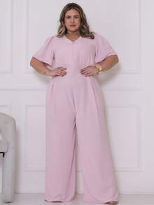 Plus Size V-Neck Fitted Jumpsuit, Wide Leg Pants With Pockets And Pleat, Discreet, Casual, Modest Fashion, Elegant, Comfortable, Loose Fit | Curve | Wide Leg - Baby Pink - View 1