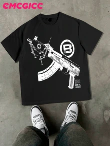 EMCGICC Street Life Men's Y2k Style (220 Pure Cotton T-Shirt) Retro Graphic Funny Printing,Hip Hop ,Men's Summer Tops Round Neck Short Sleeve Casual T-Shirt, Summer Street Sports Life Men's - 黑色 - 查看 1
