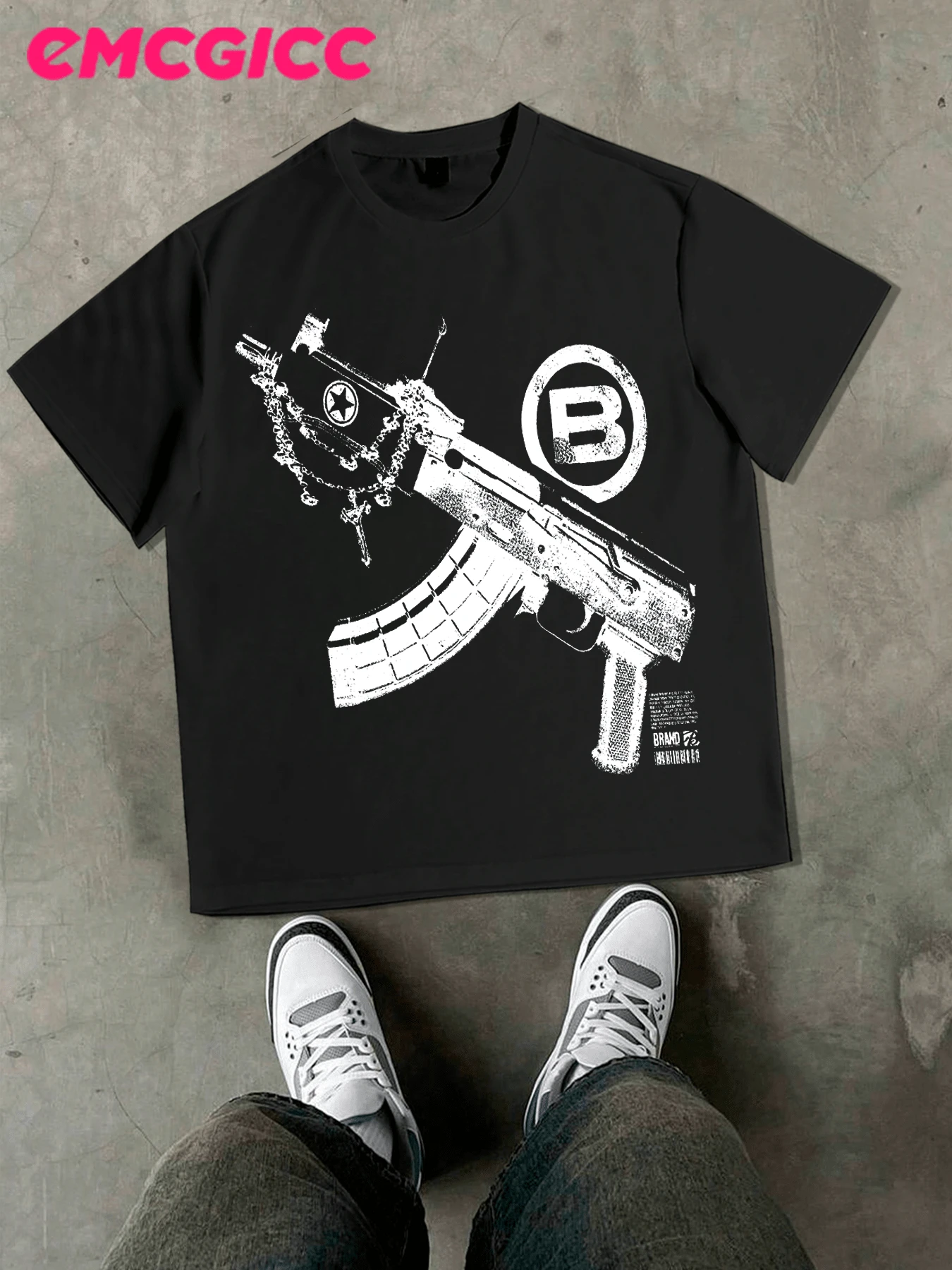 EMCGICC Street Life Men's Y2k Style (220 Pure Cotton T-Shirt) Retro Graphic Funny Printing,Hip Hop ,Men's Summer Tops Round Neck Short Sleeve Casual T-Shirt, Summer Street Sports Life Men's - 黑色 - 查看 1