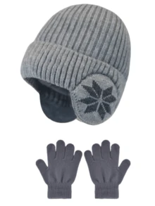 2 件套儿童冬季针织帽和手套套装，男童保暖护耳帽 - 1套 - 查看 5