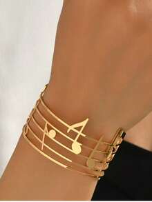 1pc Women's Shiny Gold-Tone Musical Note Minimalist Bangle, Versatile For Daily Wear - Gold - View 1