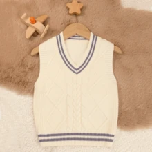 1 pc Rompi Sweater Rajut Kabel Anak Laki-laki Kasual Harian dengan Trim Bergaris dan Kerah V, Musim Gugur/Dingin - Krem - View 13