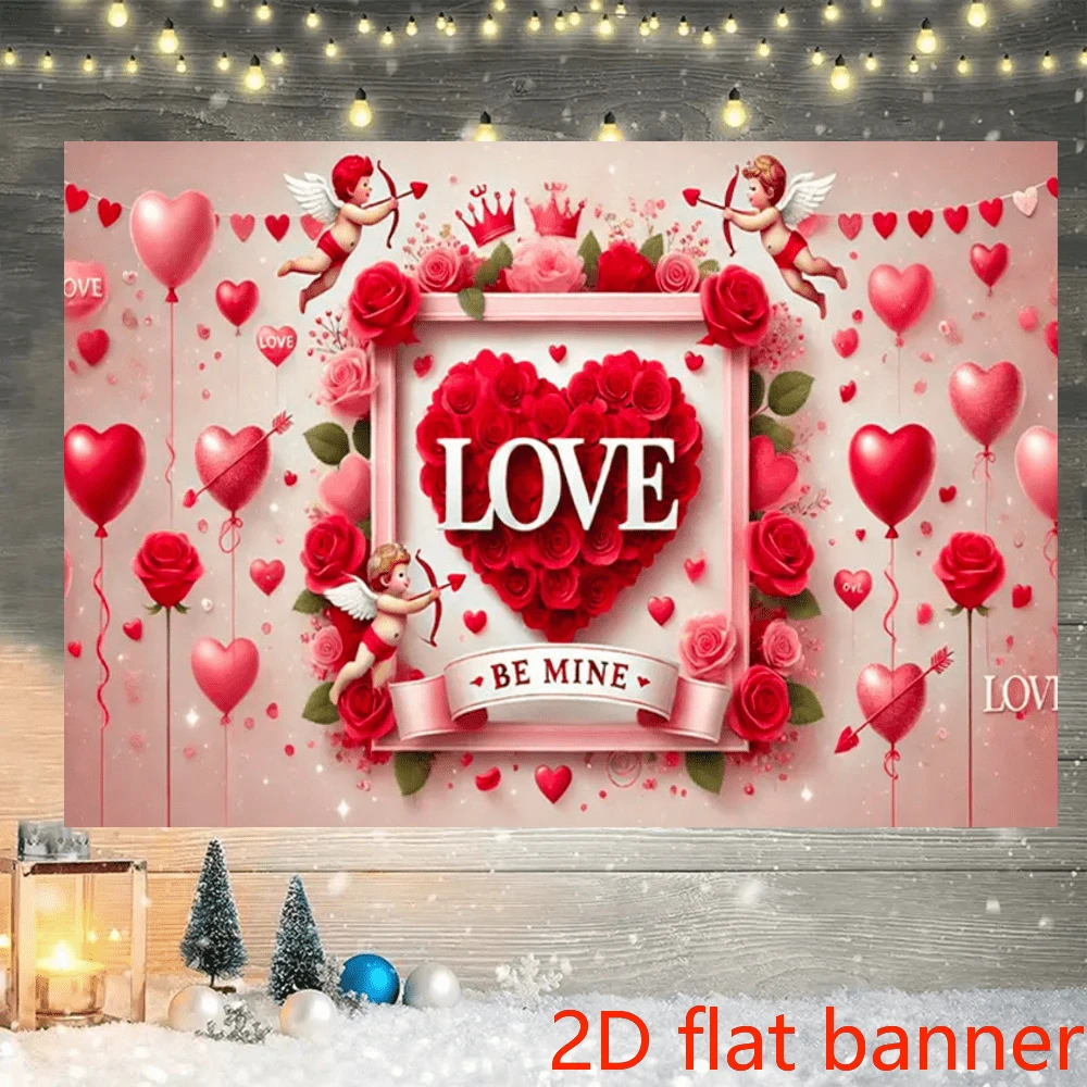 2D Flat Banner Valentine's Day Photography Backdrop February 14 Romantic Valentine Scenes Red Heart Floral Wedding Party Photo Background - 1 - View 5