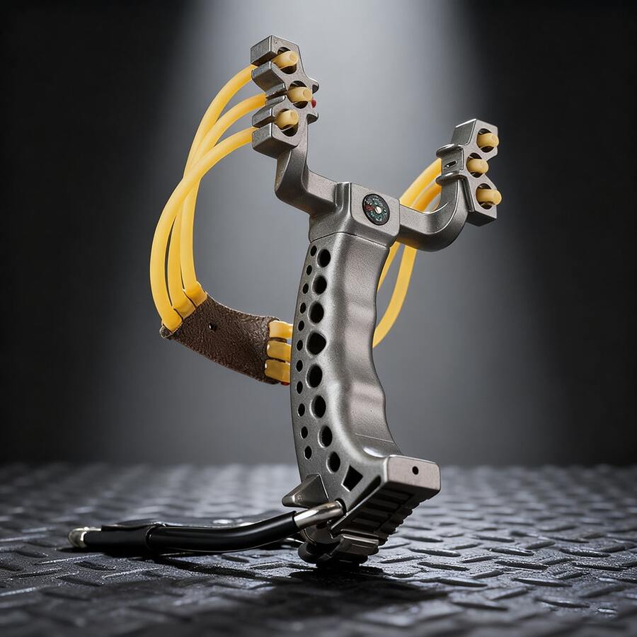 1. Silver Slingshot With An Ergonomic Grip Design, Ideal For Outdoor Adventures And Practice. Features A Wrist Rest, High-Speed Folding Mechanism, Built-In Compass, And Heavy-Duty Rubber Bands For Powerful Elasticity. Practical And Convenient.