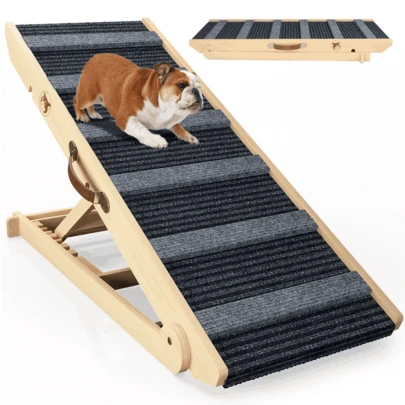 GIKPAL Wooden Dog Ramp For Bed & Couch, Adjustable Pet Steps For Small And Large Dogs & Cats, Folding Portable Dog Stairs For Window & Car With Non-Slip Surface, Height From 10.8" To 26.6", Up To 150LBS
