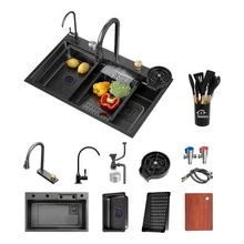 Fregadero De Cocina con Cascada Gris Acero Inoxidable 304 con Extraíble Grifo Engrosado Tarja Negra para Cocina Fregadero de Una Tarja con Múltiples Accesorios (80 x 45 cm) - Negro - Ver 2