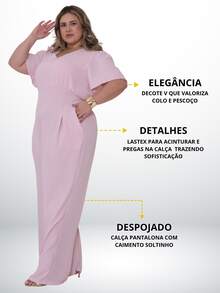 Plus Size V-Neck Fitted Jumpsuit, Wide Leg Pants With Pockets And Pleat, Discreet, Casual, Modest Fashion, Elegant, Comfortable, Loose Fit | Curve | Wide Leg - Baby Pink - View 2
