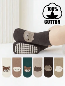 6双全棉幼儿防滑袜，中筒全底，透气，适合男孩和女孩，春秋季