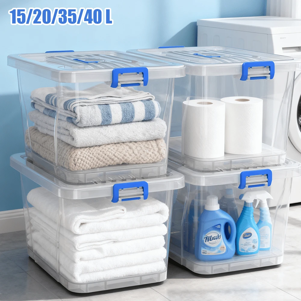 Lislark 1/2PC 6.5-26L Large Plastic Storage Boxes With Lids Wheel Handle Transparent Clear Large Home Office Toy Box Stackable Container Boxes, Small/Large Capacity, Mult-Isize - Transparent 35L - View 1