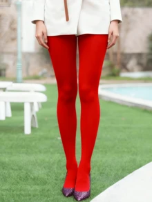 1双加大码女士复古高档丝绒连裤袜，性感红色长筒袜，打造成熟优雅造型 - 紅色 - 查看 3