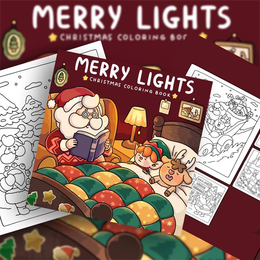 1本21x21厘米“欢乐灯光”圣诞成人涂色书，厚实不透明纸张，线条清晰 | 圣诞老人、精灵和驯鹿在温馨的节日场景中，缓解压力，理想的圣诞礼物，适合文具、学习用品，也是送给女孩、婚礼季和母亲节的完美礼物