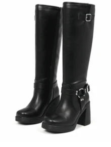 Women's Knee High Boots Wide Calf Square Toe Boots Chunky Block Heel Long Boots Side Buckles Platform Riding Shoes Fashion Side Zipper Motorcycle Boots Comfortable Party Dressy Retro Long Boots Christmas Gift - 黑色 - 查看 3