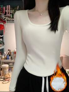 270g Autumn/Winter Thermal Underwear Slim Fit Solid Color Long Sleeve T-Shirt, Versatile Base Layer - Apricot - View 1