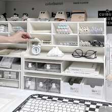 Ergonomic Double-Layer Dormitory Desk Storage Box With Inclined Pen Holder, Raised Bookshelf And Drawer Storage Matte White PVC, Perfect For Stationery, Cosmetics And Office Supplies, Dormitory Storage Box, Modern Desk Storage Box, Partition Storage Box, Desk Storage Box And Accessories - 白色 - 查看 6