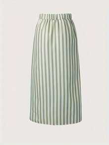 Falda larga casual de mujer a rayas, de tela de poliéster sin estiramiento, con bolsillos - Verde - Ver 3