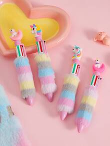 1pc Cartoon Unicorn Plush Ballpoint Pen, Cute Faux Plush Six Color Plastic Ballpoint Pen, Multicolor Writing Office Supplies