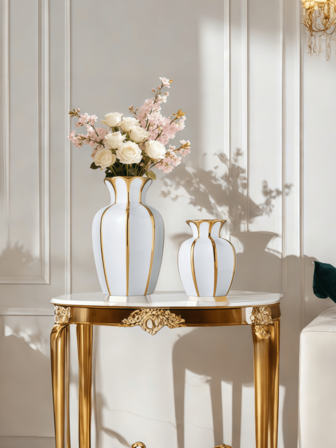 1PC Ceramic Ins Light Luxury Style White Gold Octagonal Gold Border Vase Is Suitable For Inserting Fresh Flowers And Dried Flower Vases In Foyer TV Cabinets, Office Desktop Beautiful Vase Decorations, Living Room Fashionable Single Item Vase Decorations.