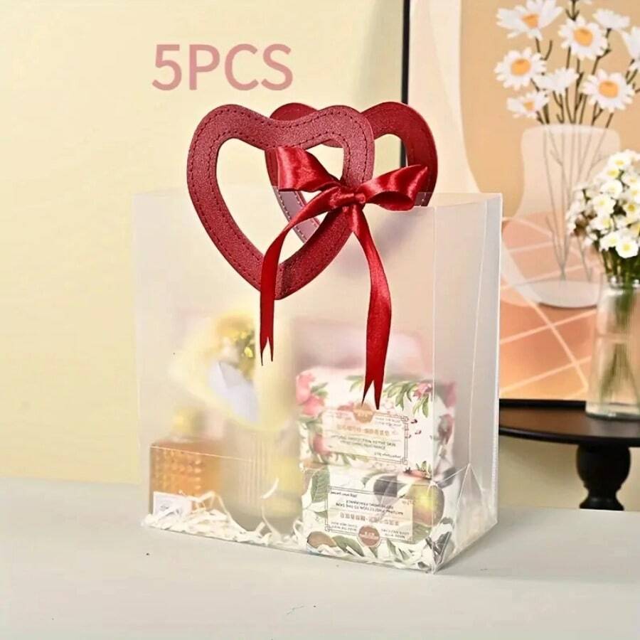 5个心形礼品袋，适用于情人节、婚礼、礼品包装（不含蕾丝蝴蝶结） - 彩色 - 查看 1