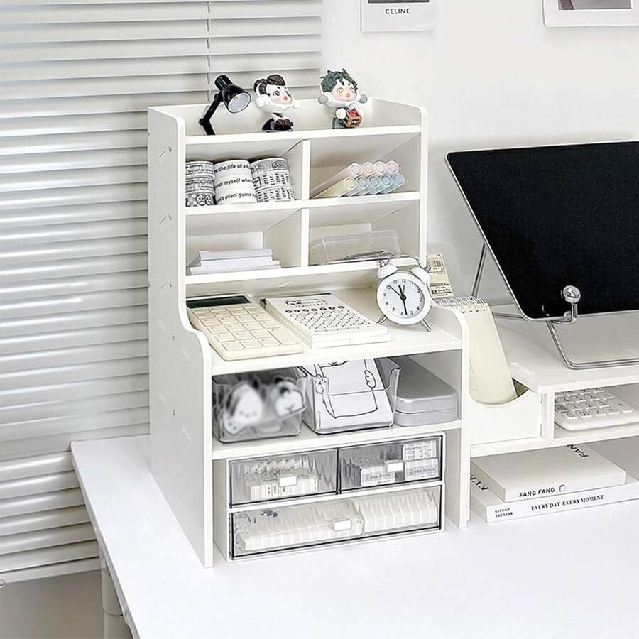 Ergonomic Double-Layer Dormitory Desk Storage Box With Inclined Pen Holder, Raised Bookshelf And Drawer Storage Matte White PVC, Perfect For Stationery, Cosmetics And Office Supplies, Dormitory Storage Box, Modern Desk Storage Box, Partition Storage Box, Desk Storage Box And Accessories - 白色 - 查看 1