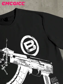 EMCGICC Street Life Men's Y2k Style (220 Pure Cotton T-Shirt) Retro Graphic Funny Printing,Hip Hop ,Men's Summer Tops Round Neck Short Sleeve Casual T-Shirt, Summer Street Sports Life Men's - 黑色 - 查看 2