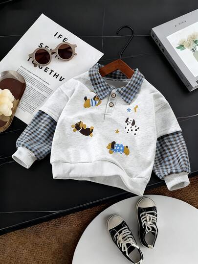 Young Boy Casual New Style Fashionable Lapel Top, Cartoon Animal Print Pattern, Young Boy Plaid Patchwork Polo Collar Sweatshirt, Suitable For Spring Autumn Winter