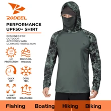 RODEEL Summer Clothes  Men's Hoodie Outdoor Sports UPF 50+ UV Protection Clothing With Mask Neck Guard High Performance Fishing Shirt Camouflage Print Raglan Sleeves Sweat-Wicking Quick-Drying Breathable Long Sleeves Suitable For Beach, Boating, Hiking, Hunting, Water Sports Exploration And Hunting The Best Choices For Men To Give As Gifts - xanh quân đội - Xem 1
