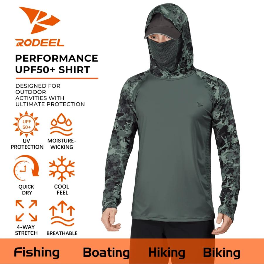 RODEEL Summer Clothes Men's Hoodie Outdoor Sports UPF 50+ UV Protection Clothing With Mask Neck Guard High Performance Fishing Shirt Camouflage Print Raglan Sleeves Sweat-Wicking Quick-Drying Breathable Long Sleeves Suitable For Beach, Boating, Hiking, Hunting, Water Sports Exploration And Hunting The Best Choices For Men To Give As Gifts - xanh quân đội - Xem 1