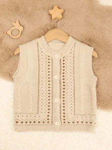 1 buah Baju Rajut Rompi Cardigan Gaya Kolegiat Lucu untuk Anak Perempuan/Gadis Muda, Cocok untuk Musim Semi dan Musim Gugur - Krem - View 1
