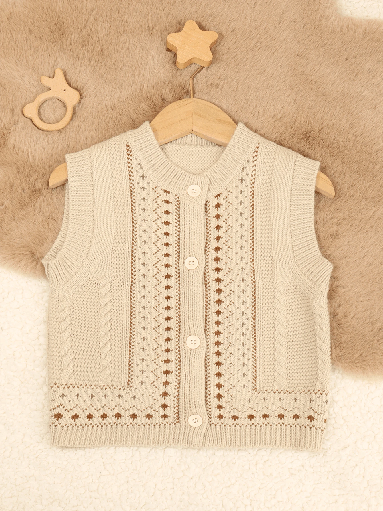 1 buah Baju Rajut Rompi Cardigan Gaya Kolegiat Lucu untuk Anak Perempuan/Gadis Muda, Cocok untuk Musim Semi dan Musim Gugur - Krem - View 1