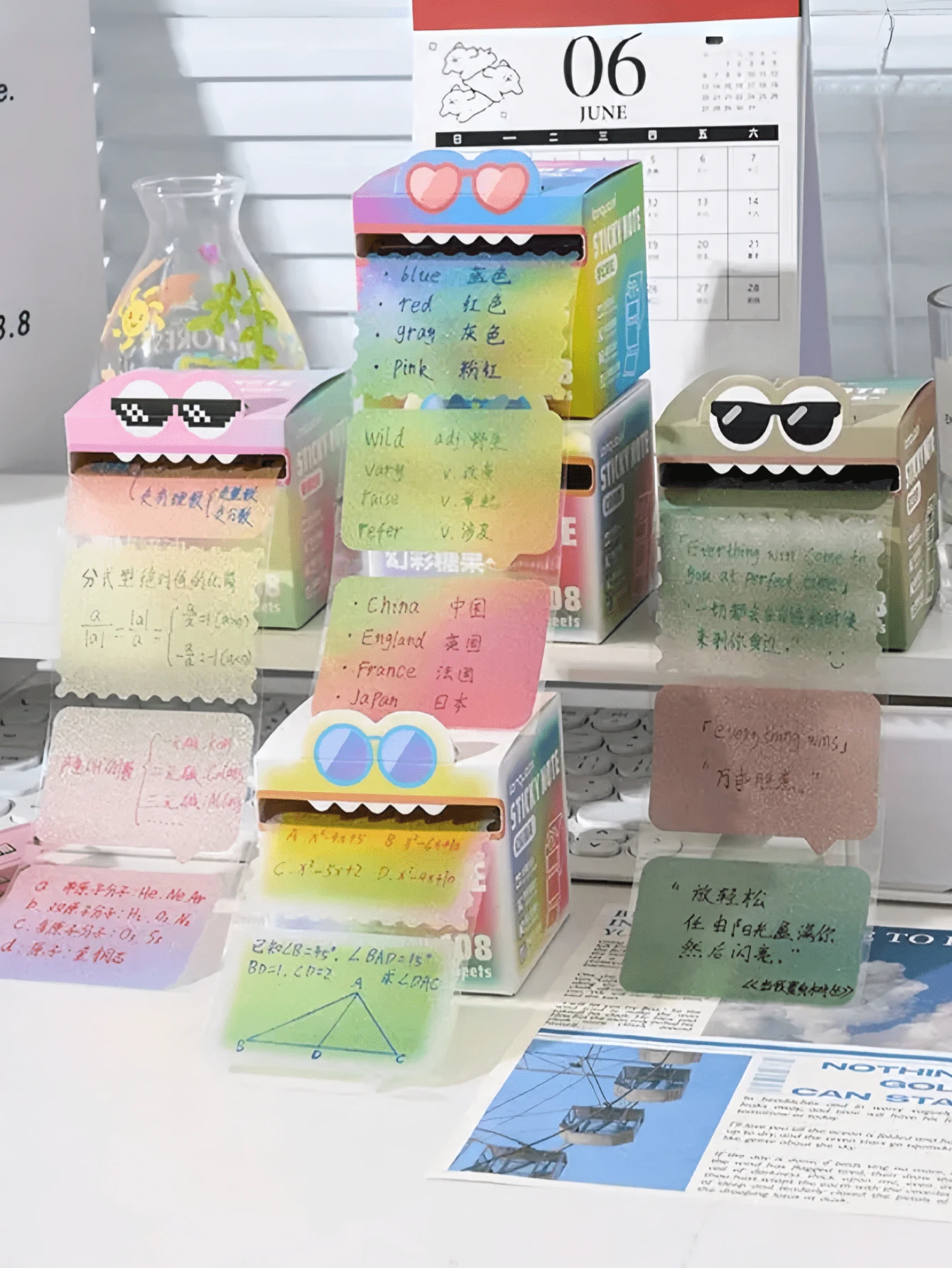 108Pcs Cute Monster Design Sticky Notes Set, Colorful Glittery Memo Pads With Multilingual & Subject Notes (English, Math, Vocabulary), Ideal For Students & Office, Delivers Fun & Practical Note-Taking Experience
