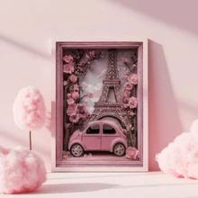 1 幅现代帆布墙画 - 埃菲尔铁塔粉色花卉汽车海报，复古粉色樱花汽车，可选带框或不带框，完美适用于家居、办公室或厨房装饰、卧室装饰 | 复黎主题，大学宿舍公寓装饰，酒店、住宅、客厅墙面装饰礼品 - 彩色 - 查看 4