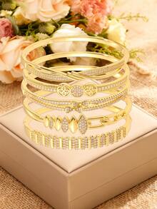 5/1pc Multi Shaped Zirconia Gold Bracelet Set, Exquisite Copper Bracelets With Geometric, Floral And Other Designs, Perfect For Any Occasion As Exquisite Jewelry Embellishing The Wrist