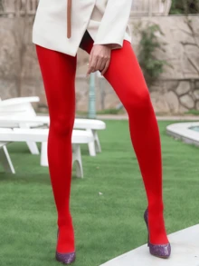 1双加大码女士复古高档丝绒连裤袜，性感红色长筒袜，打造成熟优雅造型 - 紅色 - 查看 5