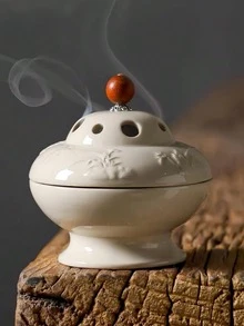 1pc Ceramic Incense Burner With Chinese Floral Embossed Design, Vintage Style Sandalwood Stick Holder, High-End Decor For Bedroom, Living Room, Office - Beige - View 1