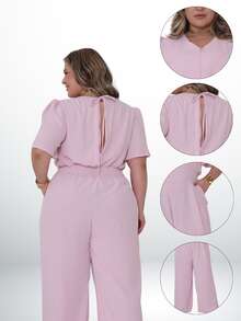 Plus Size V-Neck Fitted Jumpsuit, Wide Leg Pants With Pockets And Pleat, Discreet, Casual, Modest Fashion, Elegant, Comfortable, Loose Fit | Curve | Wide Leg - Baby Pink - View 4
