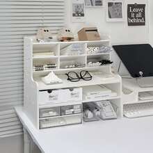 Ergonomic Double-Layer Dormitory Desk Storage Box With Inclined Pen Holder, Raised Bookshelf And Drawer Storage Matte White PVC, Perfect For Stationery, Cosmetics And Office Supplies, Dormitory Storage Box, Modern Desk Storage Box, Partition Storage Box, Desk Storage Box And Accessories - 白色 - 查看 2