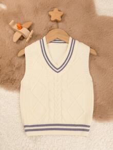1 pc Rompi Sweater Rajut Kabel Anak Laki-laki Kasual Harian dengan Trim Bergaris dan Kerah V, Musim Gugur/Dingin - Krem - View 1