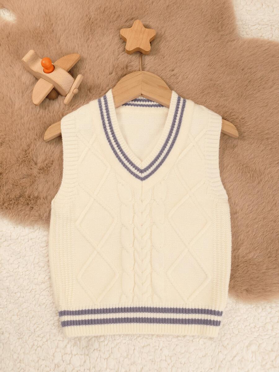 1 pc Rompi Sweater Rajut Kabel Anak Laki-laki Kasual Harian dengan Trim Bergaris dan Kerah V, Musim Gugur/Dingin - Krem - View 1