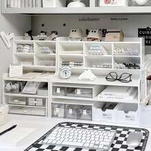 Ergonomic Double-Layer Dormitory Desk Storage Box With Inclined Pen Holder, Raised Bookshelf And Drawer Storage Matte White PVC, Perfect For Stationery, Cosmetics And Office Supplies, Dormitory Storage Box, Modern Desk Storage Box, Partition Storage Box, Desk Storage Box And Accessories - 白色 - 查看 3