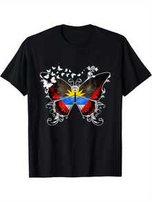 Camicia da uomo con motivo a farfalla della bandiera di Antigua - Nera con i colori nazionali di Antigua e Barbuda (blu, bianco, rosso) - Camicia casual a girocollo a maniche corte, adatta per abbigliamento culturale - Lavabile in lavatrice e pulibile chimicamente - Vivace design a farfalla nei colori della bandiera di Antigua - Vestibilità morbida, adatta per tutte le stagioni - Idea regalo perfetta per i fan di Antigua e Barbuda - nero - Visualizzare 1