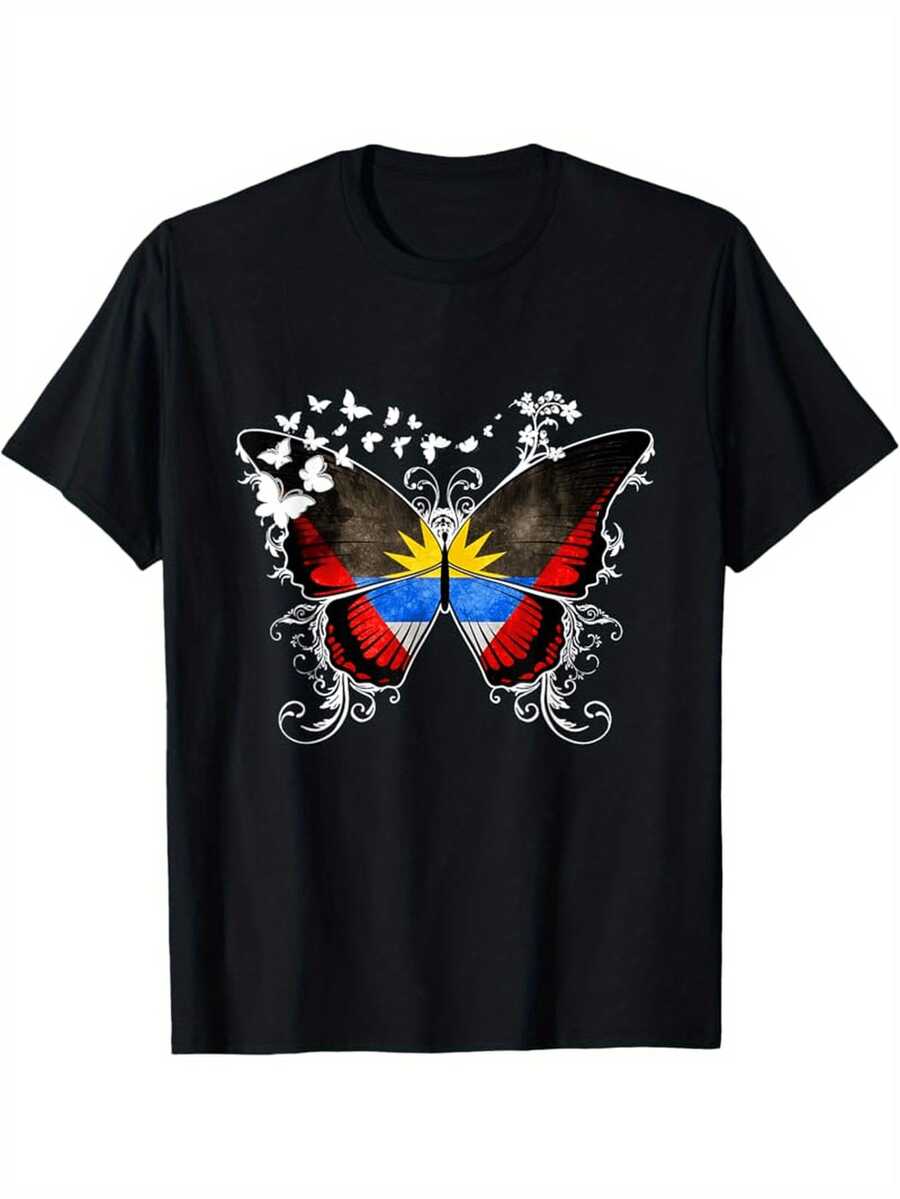 Camicia da uomo con motivo a farfalla della bandiera di Antigua - Nera con i colori nazionali di Antigua e Barbuda (blu, bianco, rosso) - Camicia casual a girocollo a maniche corte, adatta per abbigliamento culturale - Lavabile in lavatrice e pulibile chimicamente - Vivace design a farfalla nei colori della bandiera di Antigua - Vestibilità morbida, adatta per tutte le stagioni - Idea regalo perfetta per i fan di Antigua e Barbuda - nero - Visualizzare 1