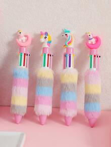 1pc Cartoon Unicorn Plush Ballpoint Pen, Cute Faux Plush Six Color Plastic Ballpoint Pen, Multicolor Writing Office Supplies