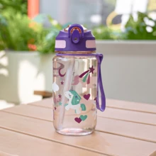 1pc 550ml/18oz Cartoon Animal Print Sports Water Bottle, Compact & Portable, Suitable For Kids, With Straw & Handle, Leak-Proof Seal, Carrying Strap, Ideal For Play, Travel, Sports, Birthday & Holiday Gifts - Multicolor - View 12