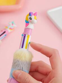 1pc Cartoon Unicorn Plush Ballpoint Pen, Cute Faux Plush Six Color Plastic Ballpoint Pen, Multicolor Writing Office Supplies