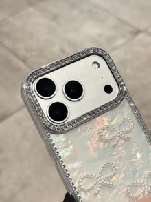 Luxury 3D Bling Rhinestone Glitter Radiant Bow Pearl Heart Shell Pattern Camera Phone Case Compatible With IPhone 17 Pro Max Air 16 15 14 13 12 Pro Fashion Fine Protector Cover - White - View 6