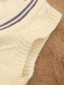 1 pc Rompi Sweater Rajut Kabel Anak Laki-laki Kasual Harian dengan Trim Bergaris dan Kerah V, Musim Gugur/Dingin - Krem - View 6
