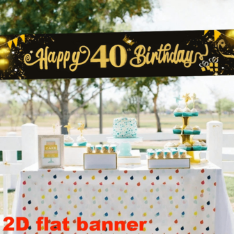 2D Flat Banner Happy 40th Birthday Banner - Black & Golden, Polyester, Versatile For All Seasons - Ideal For Photo Props & Party Decorations