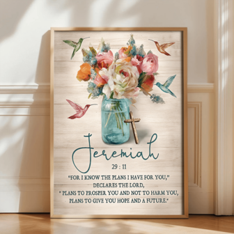 1 件复古农舍经文墙面艺术海报 | 宗教圣经经文帆布印刷，花卉图案与蜂鸟艺术品 | 适合教堂、浴室、餐厅、客厅或乡村风格空间的理想家居装饰，复古帆布海报，带框或无框