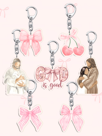 1pc Kawaii Acrylic Pink Mesh Lace Bowknot Keychain/ Retro Catholic Keychain Of Jesus Lamb Decorative Keychain,Bag Pendant For Daily Wear And Holiday Gift, Keychain Accessories, Holiday Decoration, Suitable For Car And Bag Accessories, Christmas Gifts And More.